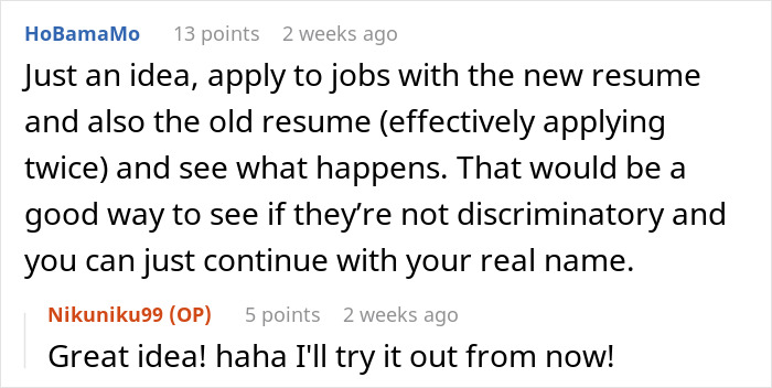 Screenshot of a Reddit conversation discussing applying to jobs with different resumes to test name-based discrimination. Screenshot of a Reddit conversation discussing applying to jobs with different resumes to test name-based discrimination.