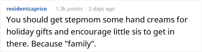 Screenshot of a Reddit comment suggesting getting hand creams as holiday gifts for stepmom and encouraging stepsister involvement.