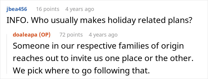 Screenshot of online conversation discussing who usually makes holiday plans between family members before Thanksgiving. Screenshot of online conversation discussing who usually makes holiday plans between family members before Thanksgiving.