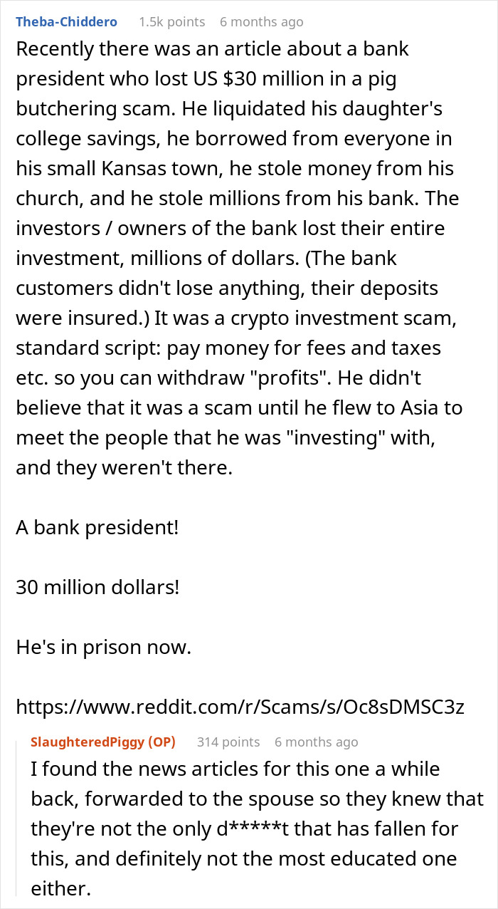 Reddit conversation about an educated person falling for a scam investment, resulting in zero savings and huge debt.