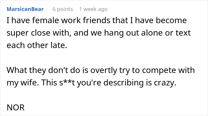 Screenshot of a Reddit comment discussing boundaries with female work friends and issues around a work wife sending hearts. Screenshot of a Reddit comment discussing boundaries with female work friends and issues around a work wife sending hearts.
