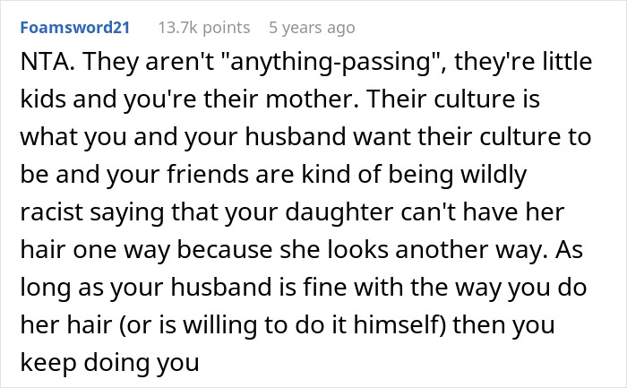 Comment discussing mom criticized by woke folks for whitewashing after brushing out biracial daughter's curls in online forum post. Comment discussing mom criticized by woke folks for whitewashing after brushing out biracial daughter's curls in online forum post.