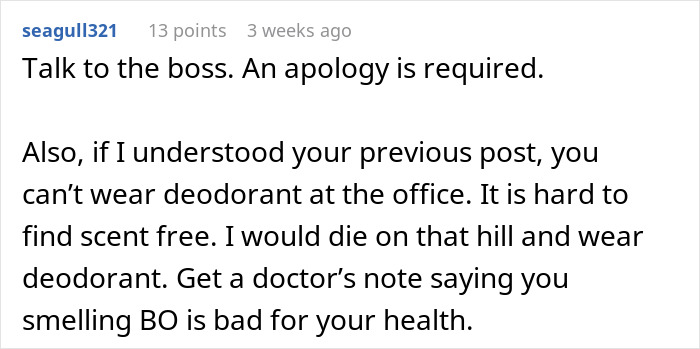 Screenshot of a forum comment discussing coworker sensitive smells and challenges of enforcing no deodorant rules at the office.