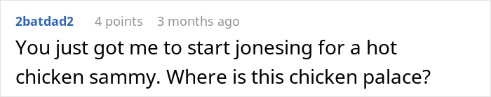 Comment about dad stealing spicy chicken sandwich for his kid causing chaos after child vomits everywhere, on a discussion forum. Comment about dad stealing spicy chicken sandwich for his kid causing chaos after child vomits everywhere, on a discussion forum.