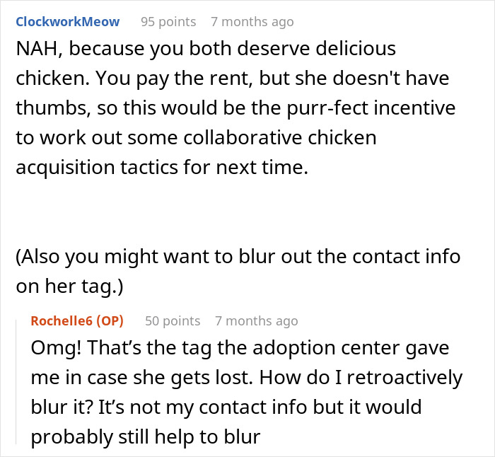 Online discussion about a woman refusing to share her chicken sandwich with her cat and wondering if she’s the jerk. Online discussion about a woman refusing to share her chicken sandwich with her cat and wondering if she’s the jerk.