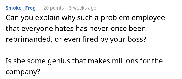 Text post from user Smoke_Frog asking why a problematic employee is never reprimanded or fired by the boss, discussing coworker sensitive smells.