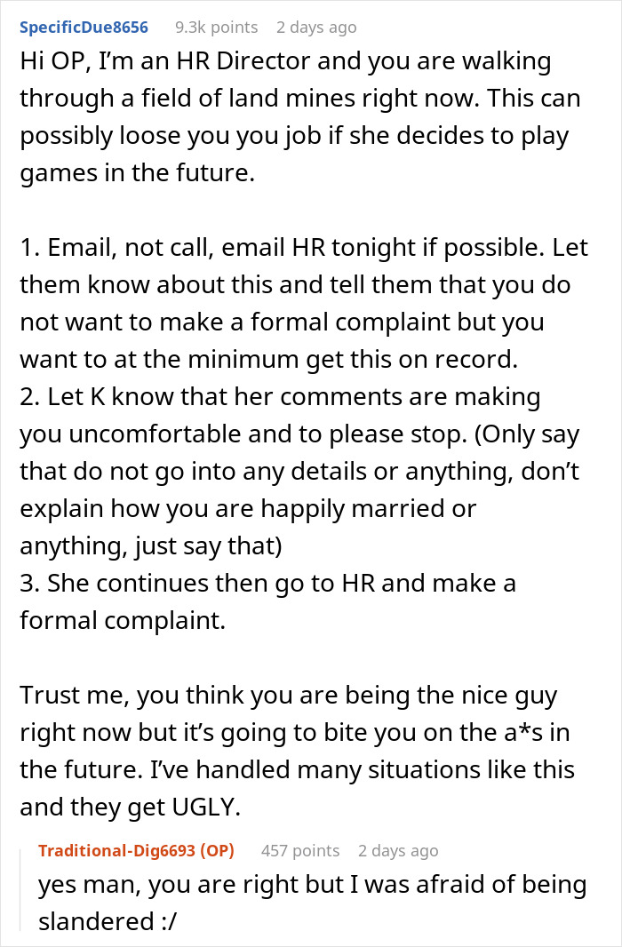 Comment from an HR Director advising how a man shuts down younger coworker flirt and handle workplace discomfort.