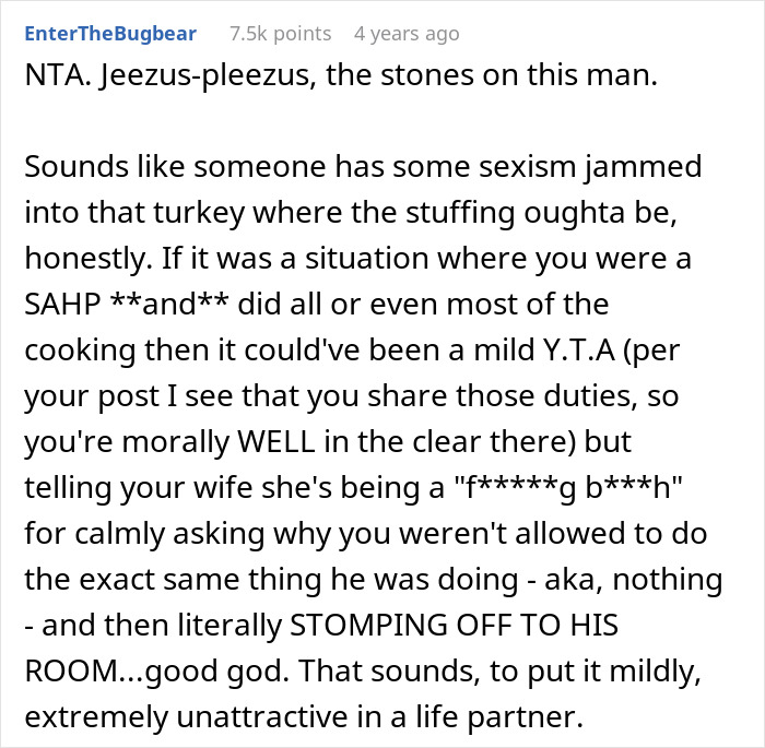 Reddit comment discussing a woman upset as her husband assumes she planned Thanksgiving, highlighting sexist behavior. Reddit comment discussing a woman upset as her husband assumes she planned Thanksgiving, highlighting sexist behavior.