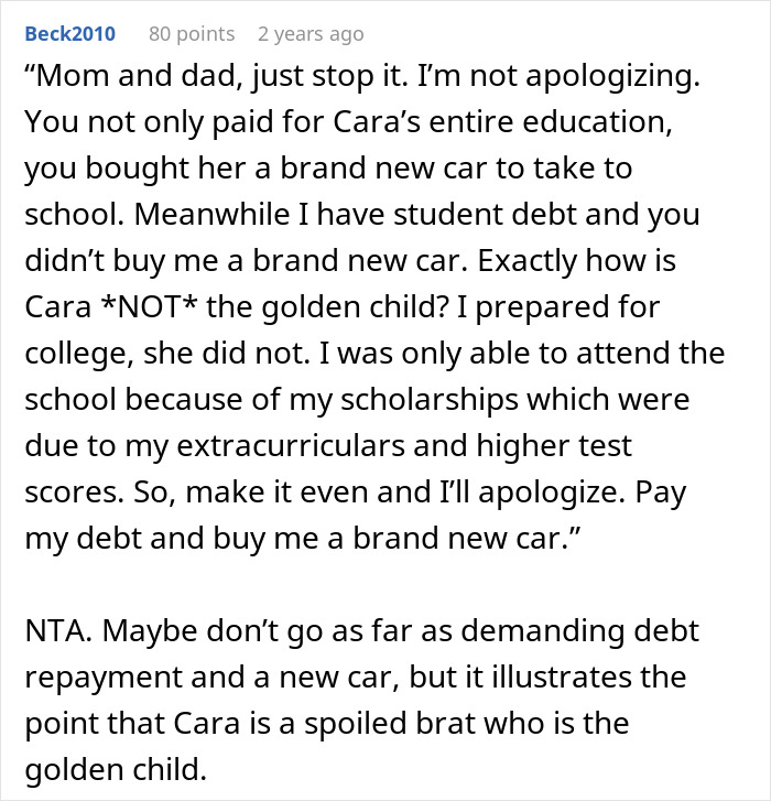 Comment discussing a golden child reality check after seeing sister get into the college of her dreams, highlighting sibling resentment. Comment discussing a golden child reality check after seeing sister get into the college of her dreams, highlighting sibling resentment.