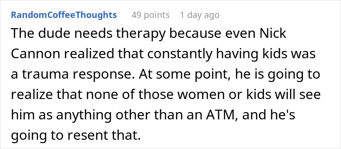 Reddit comment discussing a woman calling out her brother for having four kids with four different women. Reddit comment discussing a woman calling out her brother for having four kids with four different women.