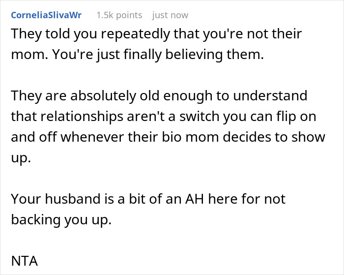 Commenter expressing support for lady hurt by how stepkids turn cruel and refuse to call her mom anymore. Commenter expressing support for lady hurt by how stepkids turn cruel and refuse to call her mom anymore.
