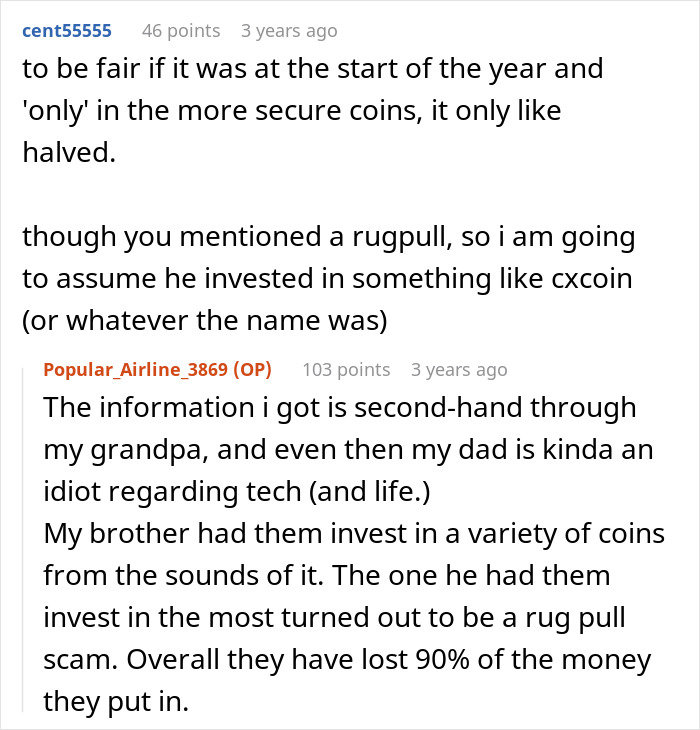 Screenshot of a Reddit discussion about losing parents’ money in a crypto rug pull scam with 90% loss. Screenshot of a Reddit discussion about losing parents’ money in a crypto rug pull scam with 90% loss.