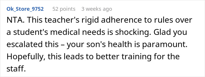 Screenshot of an online comment criticizing a math teacher for prioritizing rules over a diabetic student's health needs.