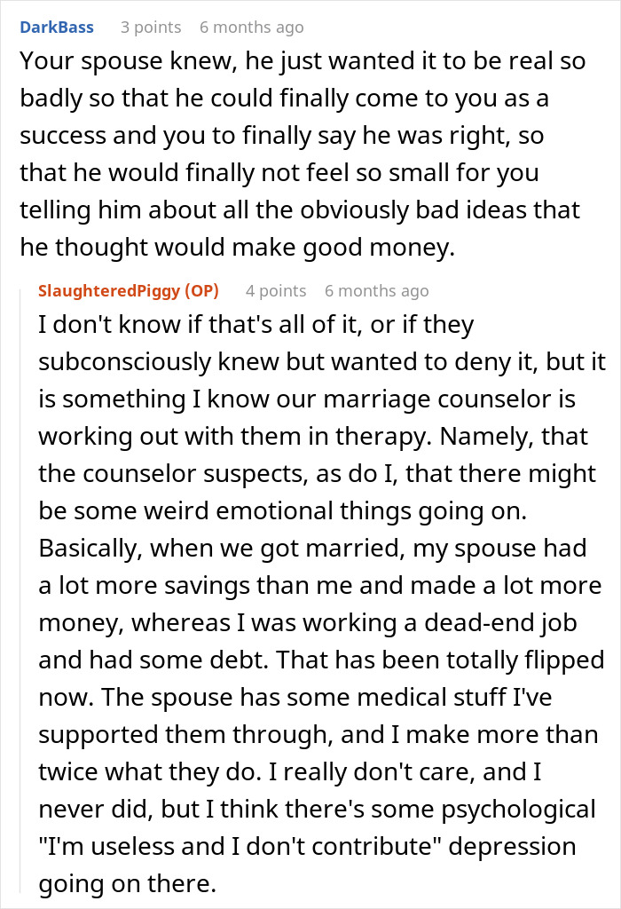 Screenshot of a Reddit conversation discussing a person falling for a scam investment causing zero savings and immense debt.