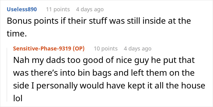 Screenshot of an online discussion about an entitled brother and house ride, focusing on handling belongings during the move. Screenshot of an online discussion about an entitled brother and house ride, focusing on handling belongings during the move.