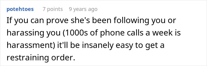 Text post on online forum explaining how to prove harassment with phone calls to get a restraining order, related to parents lied food allergies daughter no contact.