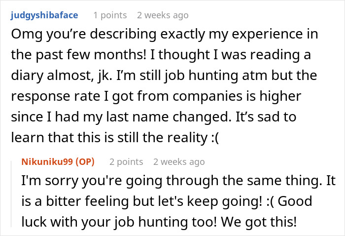 User comments discussing increased job offers after a woman changes her name to a more white-sounding one. User comments discussing increased job offers after a woman changes her name to a more white-sounding one.