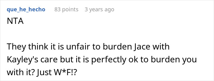 Text post from Reddit user que_he_echo commenting on caregiver role burden for disabled stepsister and refusal. Text post from Reddit user que_he_echo commenting on caregiver role burden for disabled stepsister and refusal.