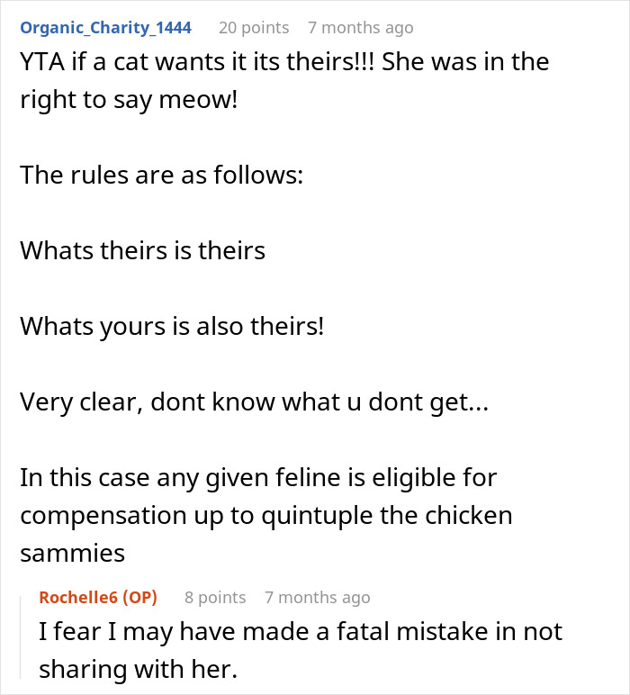 Reddit comment discussing a woman refusing to share her chicken sandwich with her cat, debating if she's the jerk. Reddit comment discussing a woman refusing to share her chicken sandwich with her cat, debating if she's the jerk.