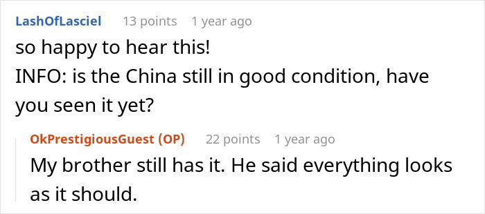 Screenshot of a forum discussion about a tea set condition linked to a man ruining his marriage by stealing it for his niece. Screenshot of a forum discussion about a tea set condition linked to a man ruining his marriage by stealing it for his niece.