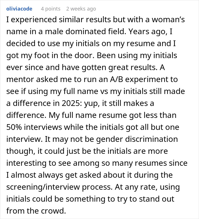 Comment discussing how a woman’s name change to a more white-sounding name led to more job offers. Comment discussing how a woman’s name change to a more white-sounding name led to more job offers.