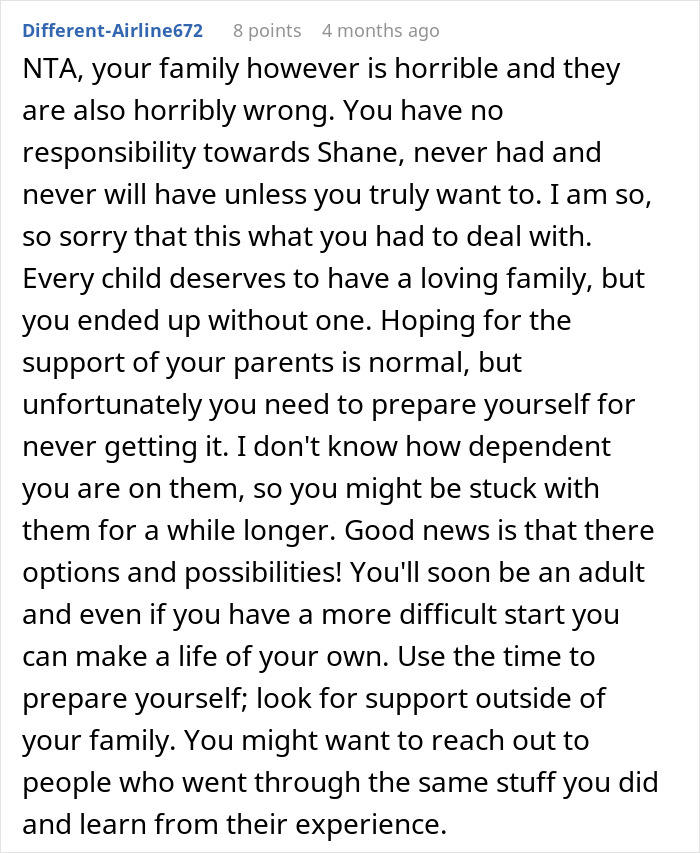 Comment discussing family challenges and emotions related to parents caring for their disabled son and sibling dynamics. Comment discussing family challenges and emotions related to parents caring for their disabled son and sibling dynamics.