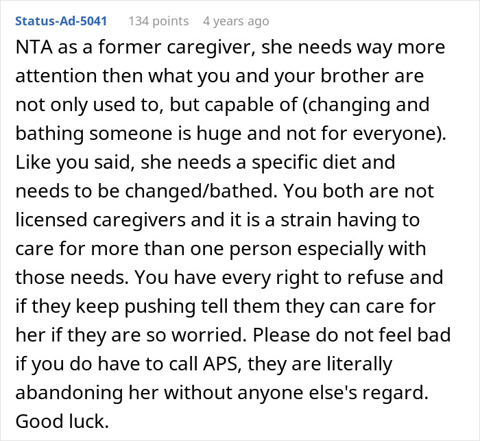 Reddit comment explaining refusal to take care of grandma, highlighting strain and caregiving challenges in family disputes. Reddit comment explaining refusal to take care of grandma, highlighting strain and caregiving challenges in family disputes.