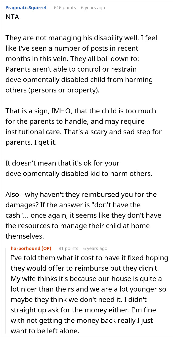 Reddit discussion about neighbors’ disabled son repeatedly raiding trash and considering calling cops over it. Reddit discussion about neighbors’ disabled son repeatedly raiding trash and considering calling cops over it.