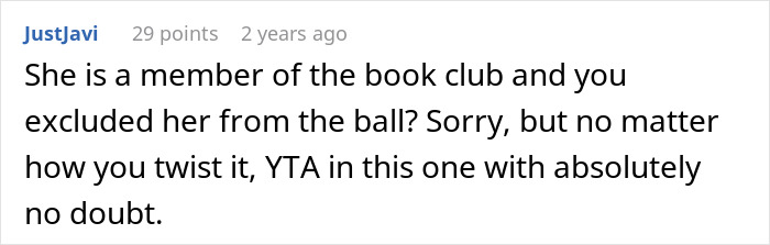 Screenshot of a Reddit comment discussing exclusion from an extravagant ball and defending the aesthetic choice.