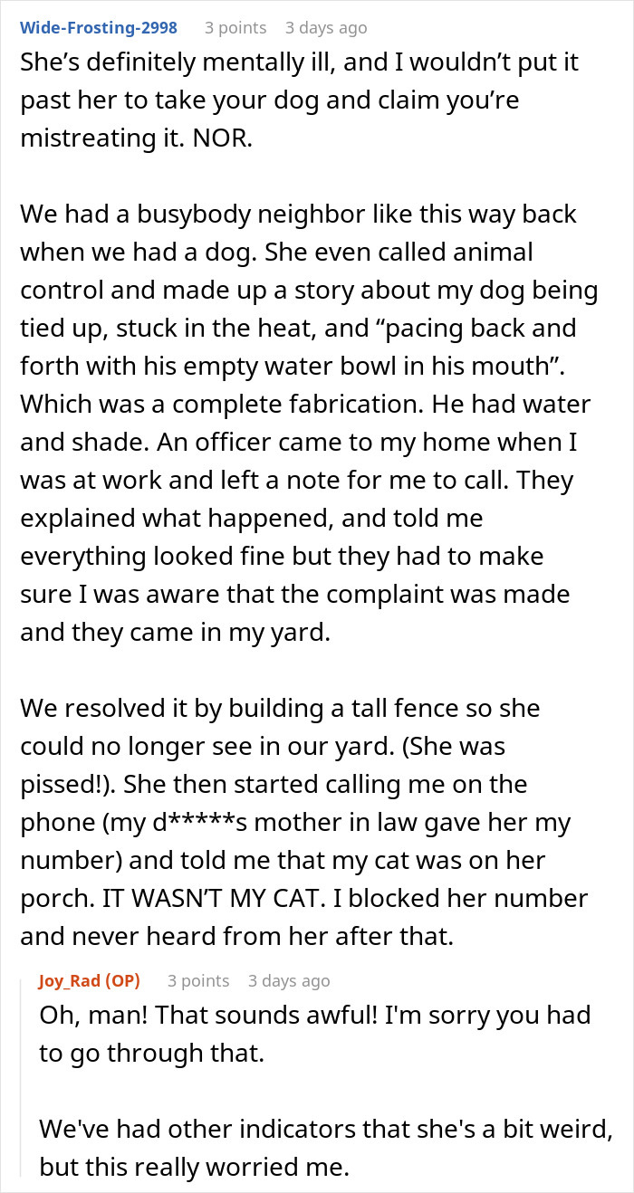 Screenshot of an online discussion about a neighbor allegedly planning to steal a dog, with comments on pet safety.