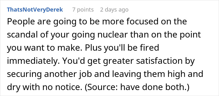 Screenshot of a Reddit comment discussing risks of exposing management and HR to coworkers in a workplace scandal. Screenshot of a Reddit comment discussing risks of exposing management and HR to coworkers in a workplace scandal.