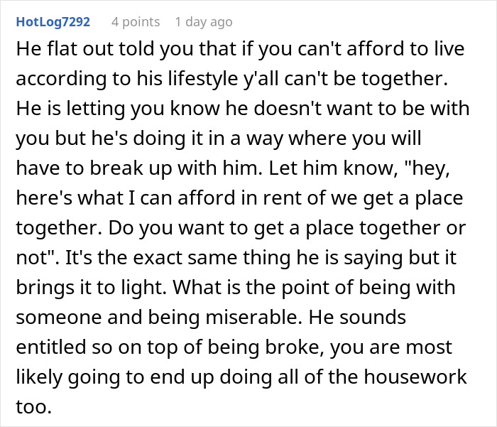 Comment text discussing a rich boyfriend demanding equal split rent from his girlfriend who refuses and the relationship tensions. Comment text discussing a rich boyfriend demanding equal split rent from his girlfriend who refuses and the relationship tensions.