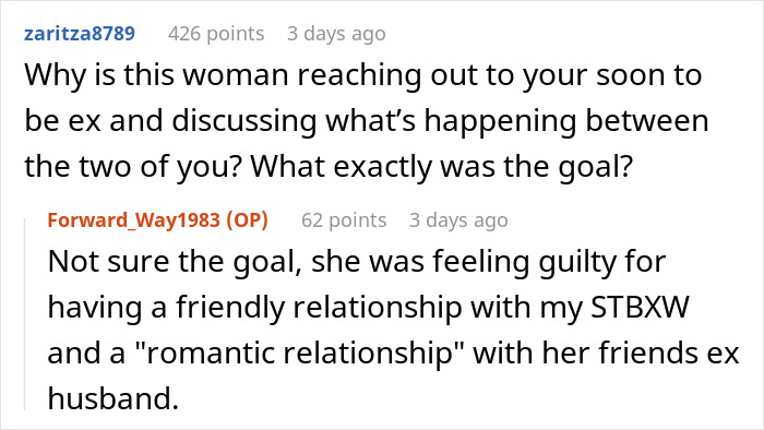Screenshot of an online discussion about a wife cheating, starting a new life with her lover, and the husband dating again. Screenshot of an online discussion about a wife cheating, starting a new life with her lover, and the husband dating again.