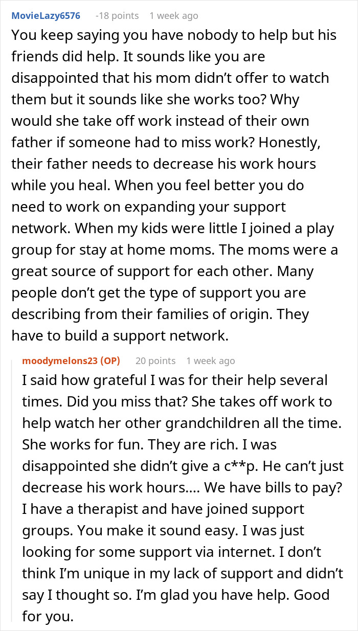 Reddit discussion showing a woman struggling with support after surgery while caring for two kids, sharing her experience online. Reddit discussion showing a woman struggling with support after surgery while caring for two kids, sharing her experience online.
