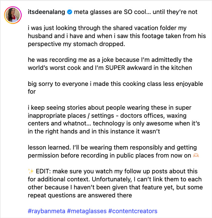 Woman using Meta glasses to record vacation, sharing regrets and uncomfortable moments from footage viewed later. Woman using Meta glasses to record vacation, sharing regrets and uncomfortable moments from footage viewed later.