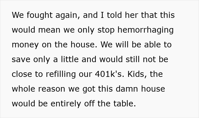 Text excerpt showing a husband discussing financial struggles and marriage issues during a tense dinner with wife and her parents.