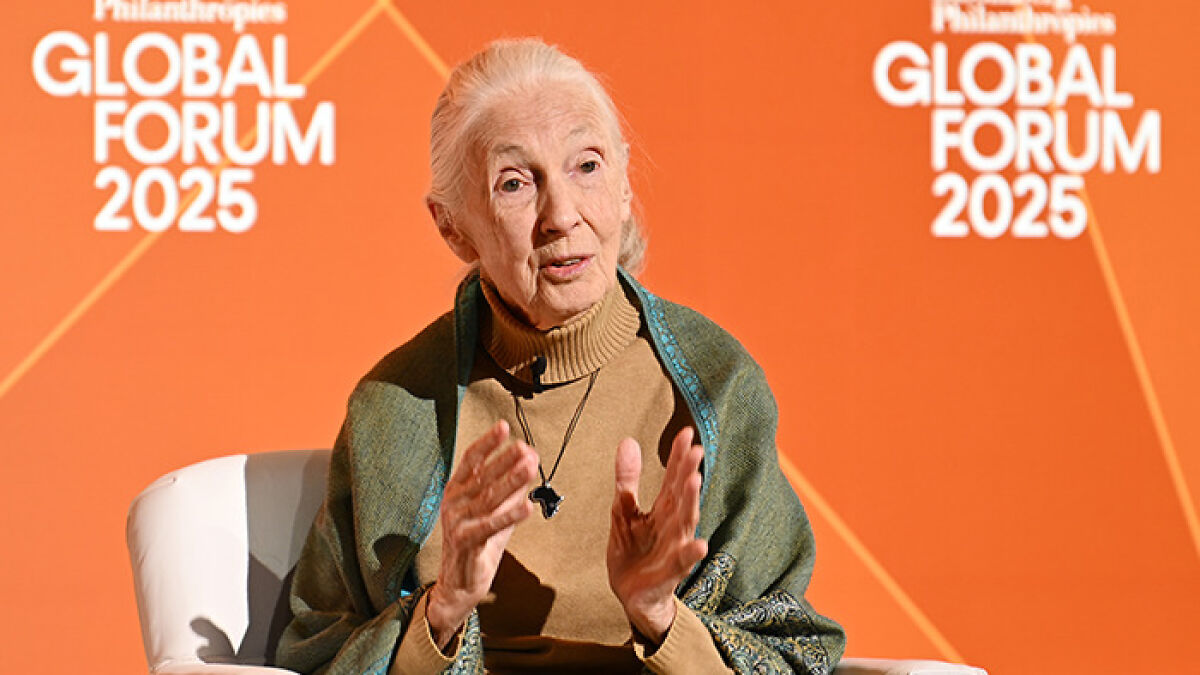 Jane Goodall, legendary chimpanzee expert and animal advocate, speaking at Global Forum 2025 event.