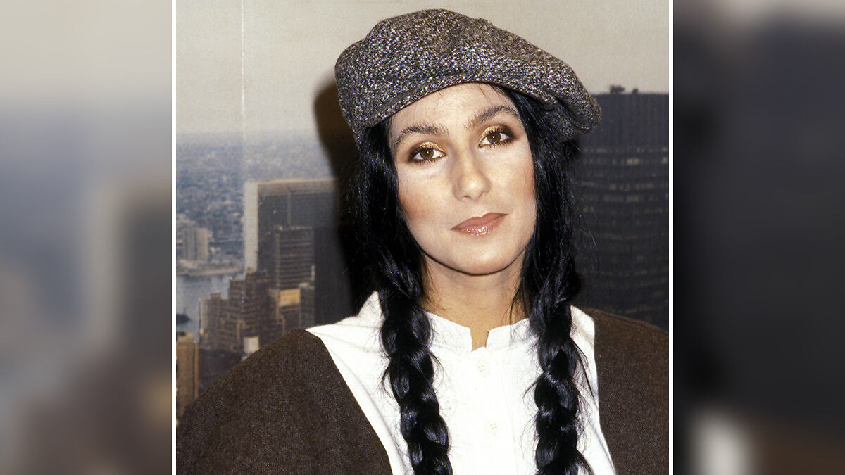 Cher with braided hair and a textured cap, showcasing a classic celebrity look transformation over time.