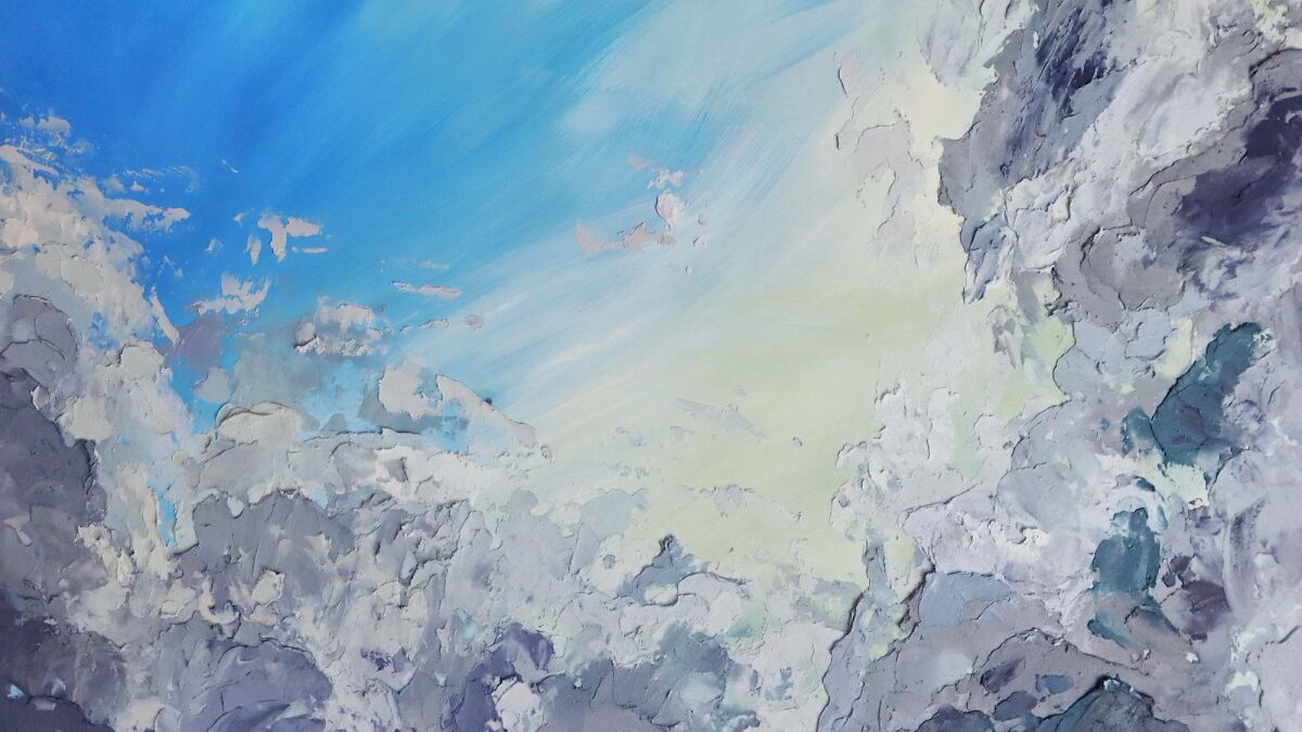 Abstract oil painting with textured clouds and a bright blue sky, capturing city daydreams in artistic form.
