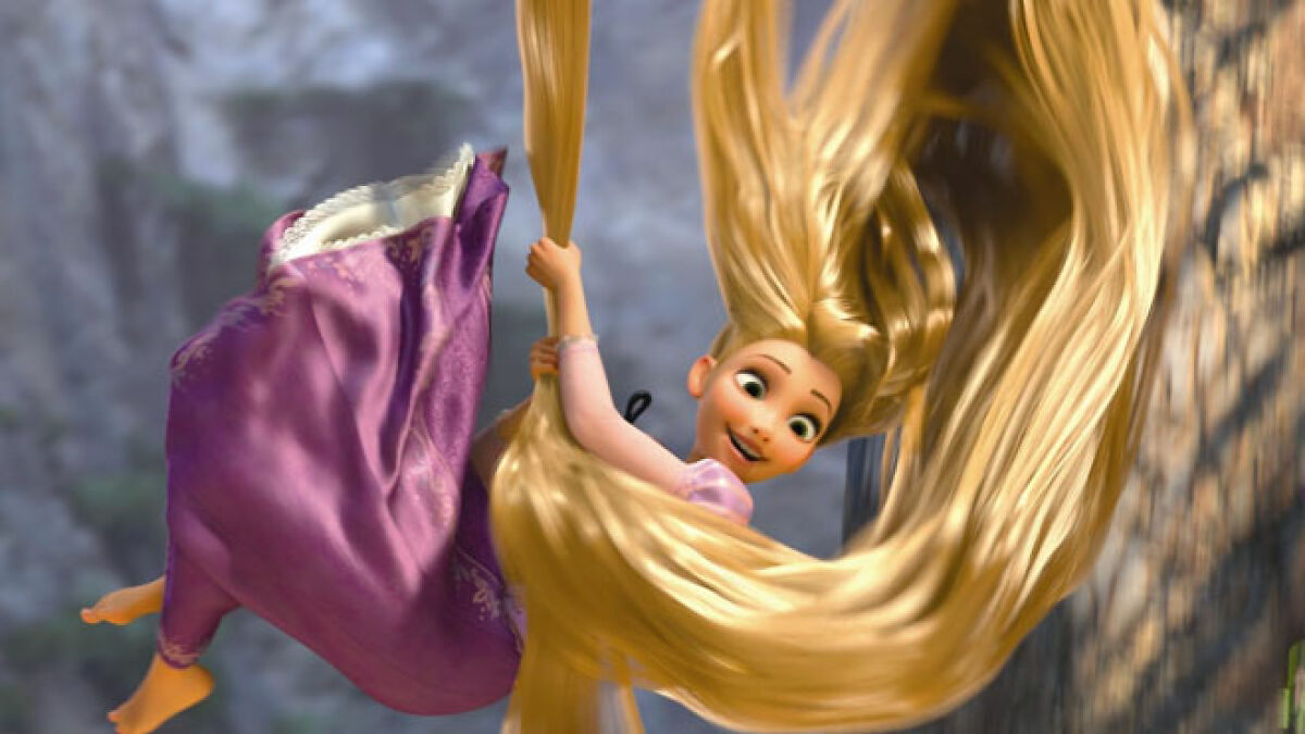 Animated character Rapunzel swinging on her long blonde hair in a purple dress, related to Disney casting and reboot news.