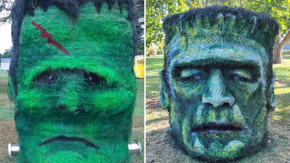 Two green Frankenstein hay bale monsters side by side showing detailed evolution in face design outdoors.