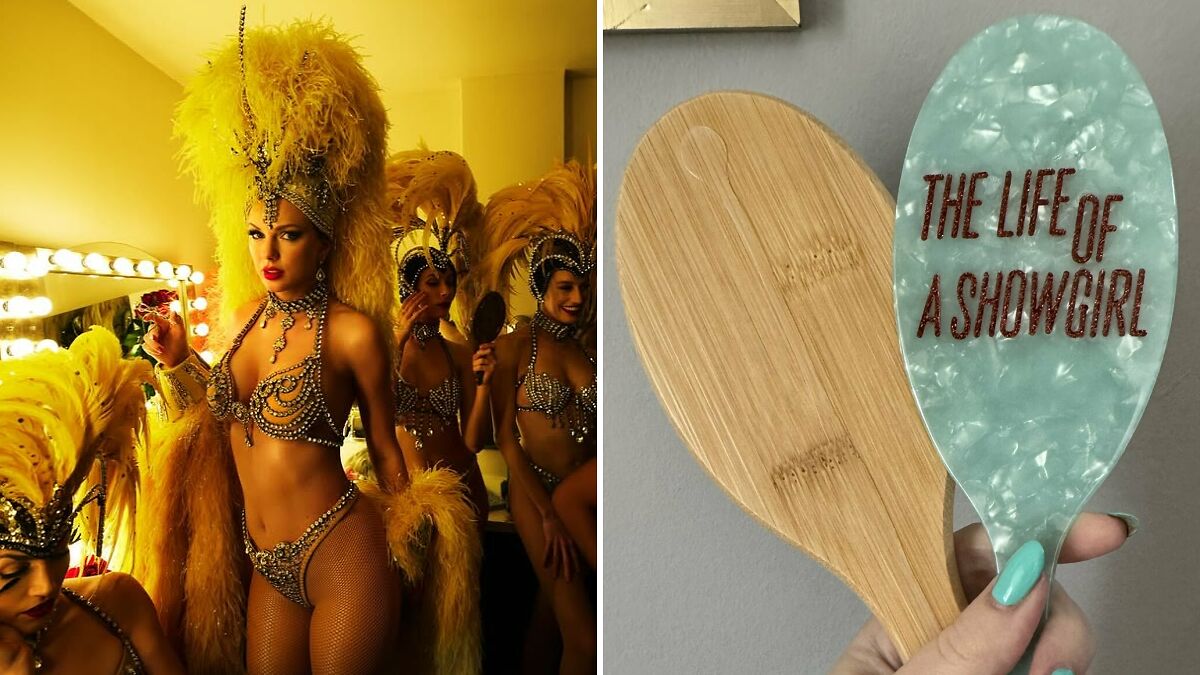 Showgirls in elaborate costumes backstage and a $40 Life Of A Showgirl hairbrush held against a gray background.