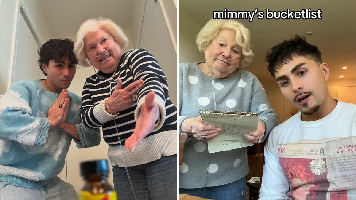 Young man and grandmother with oxygen tubes sharing moments while exploring mysterious lockbox contents in Europe.