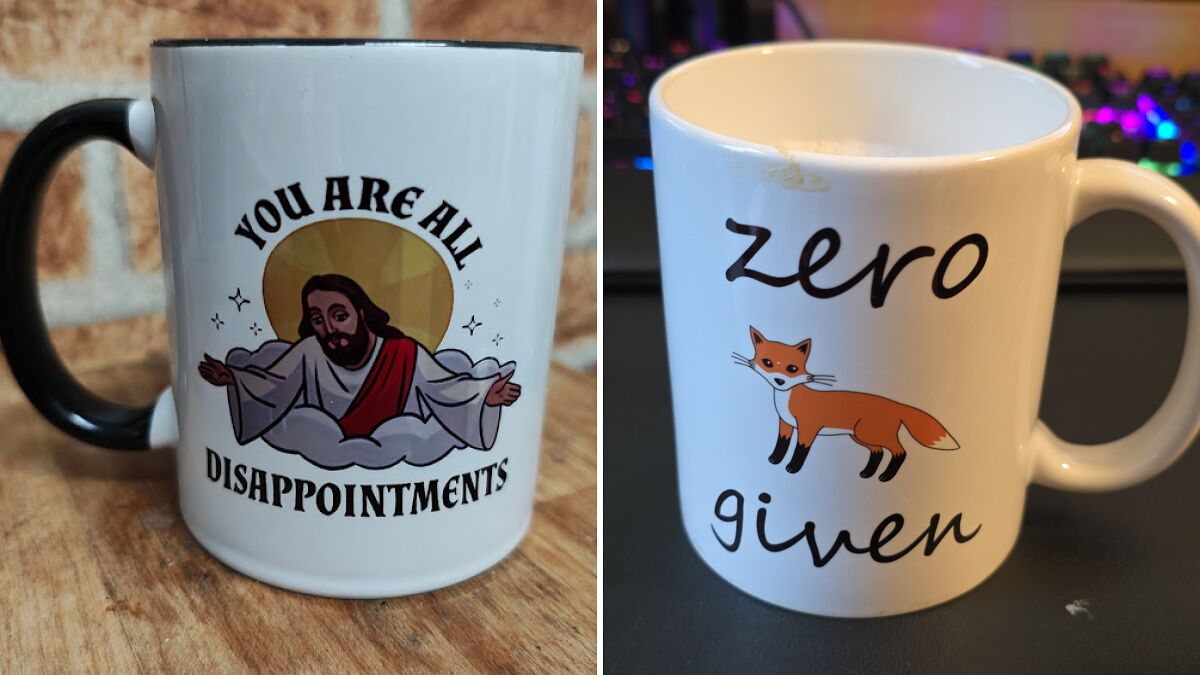 Two unique mugs of the day, one with a humorous religious design and the other featuring a fox with zero given text.