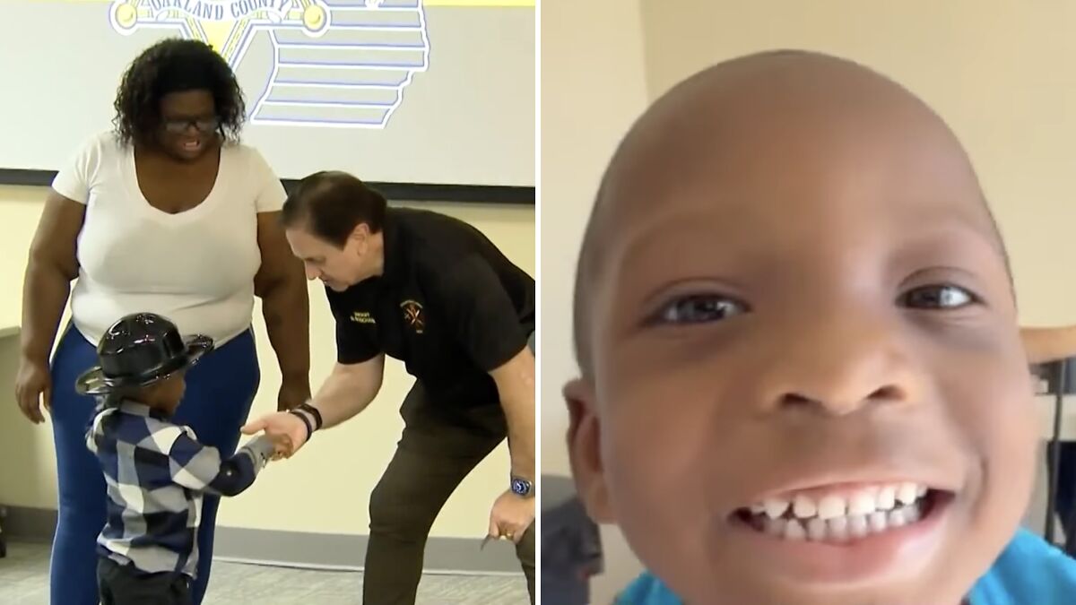 Three-year-old smart little guy hero shakes hands with a man while his mom looks on smiling indoors.