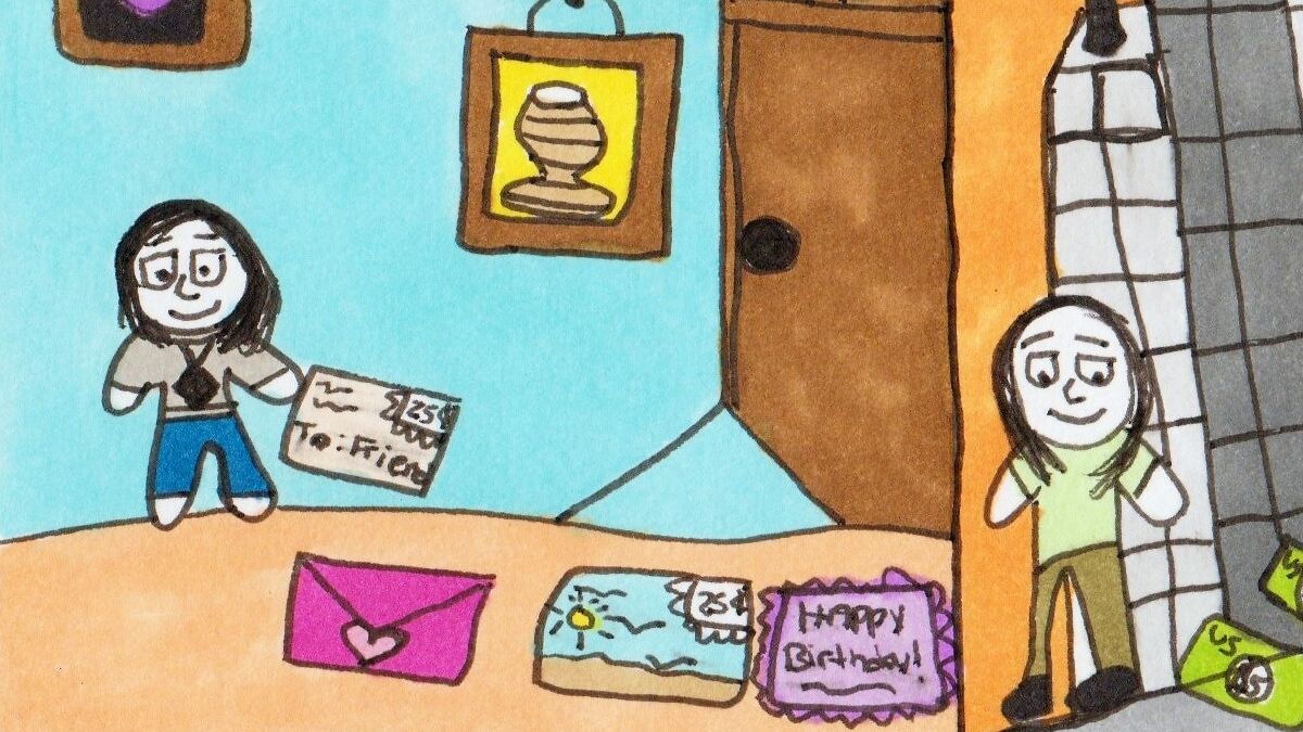 Hand-drawn comic scene showing two characters with letters and stamps, illustrating comic creation every day concept.