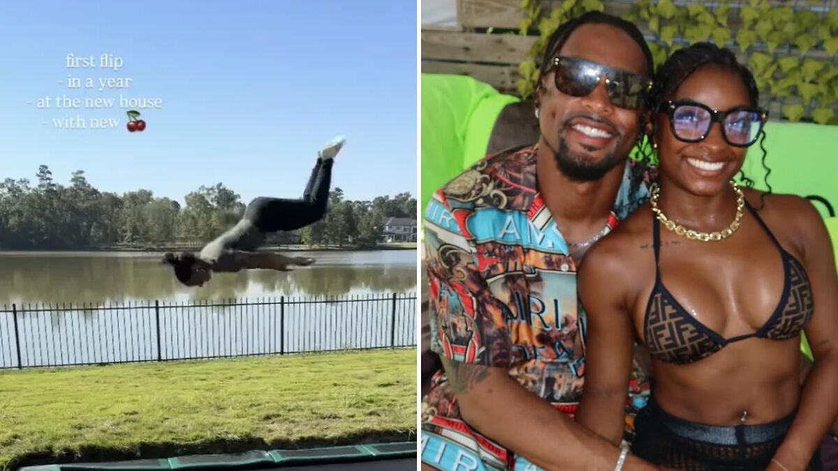 Simone Biles performing a flip outdoors and smiling with a man in sunglasses amid plastic surgery rumors.