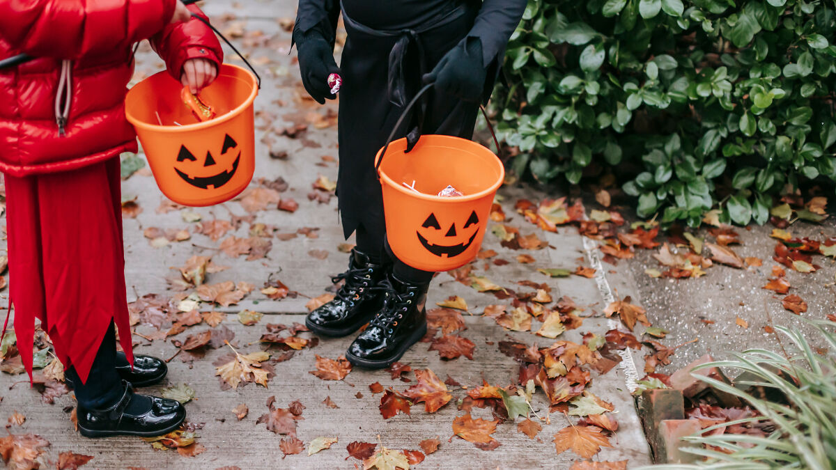 Children holding pumpkin buckets while trick or treating on a sidewalk covered with autumn leaves during Halloween.