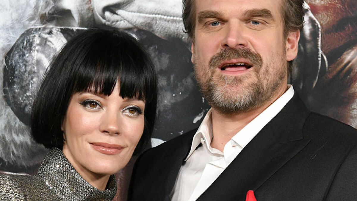 David Harbour and Lily Allen posing together at an event, sparking fans clash online over cheating controversy.