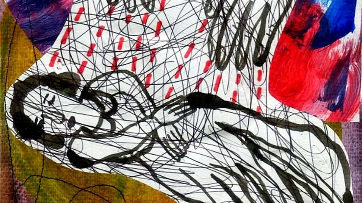 Abstract painting with chaotic black lines and colorful brushstrokes, showcasing Pluto-inspired artistic style and creativity.